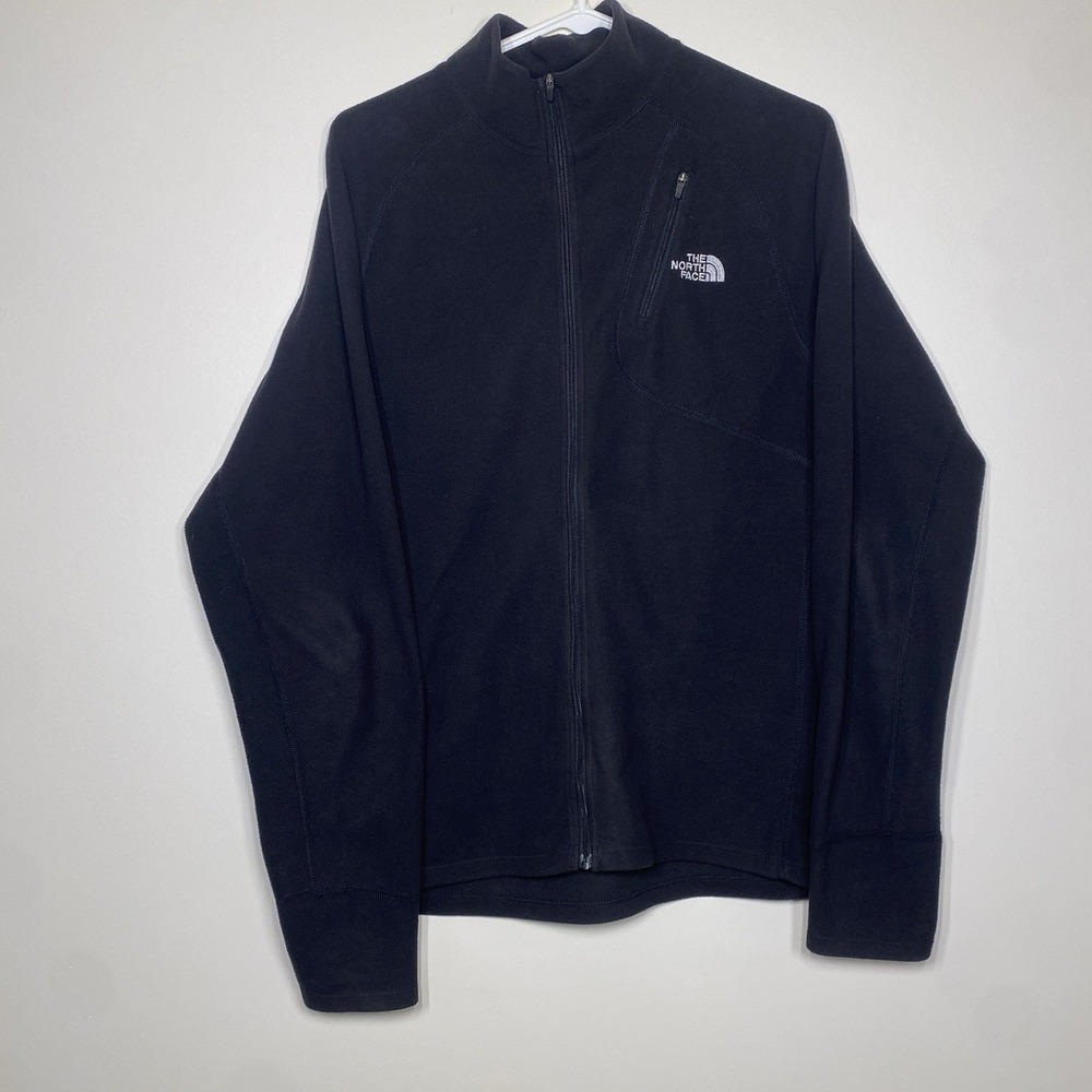 The North Face Fleece Jacket Men's Medium 1/4 Zip Chest Zip Pocket Black Gray